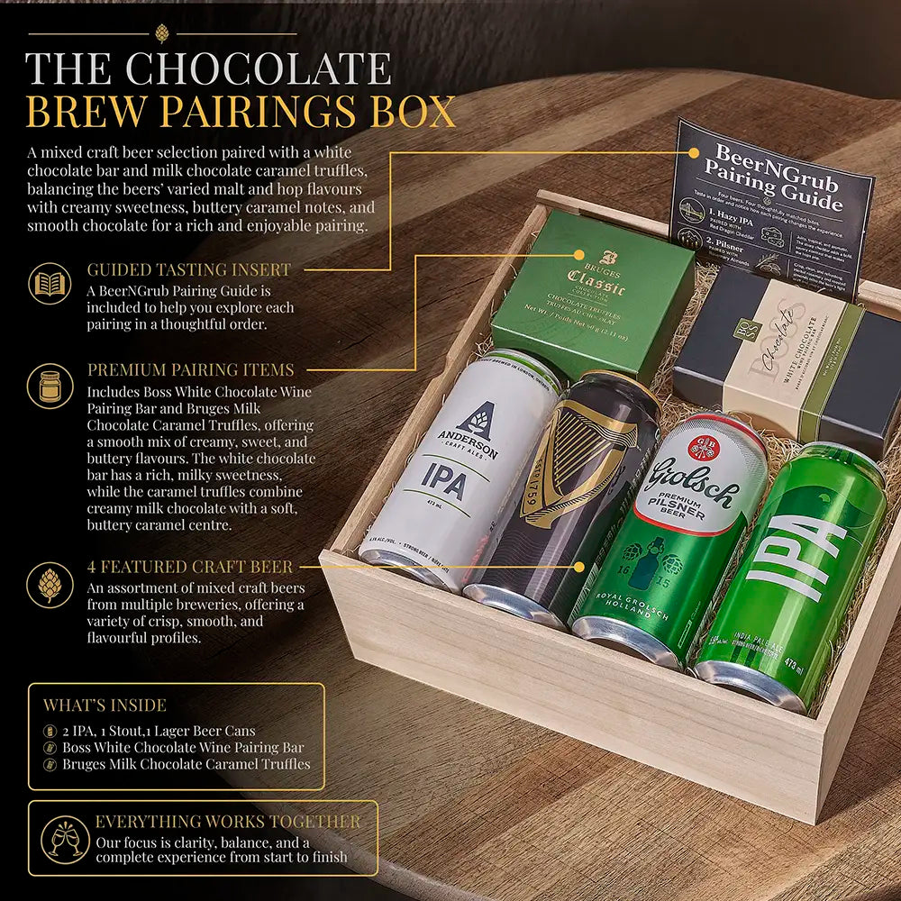 A wooden gift box labeled 'The Chocolate Brew Pairings Box' containing assorted beer cans, a pairing guide booklet, and a chocolate truffle box, with text callouts describing the included items and pairing concepts.