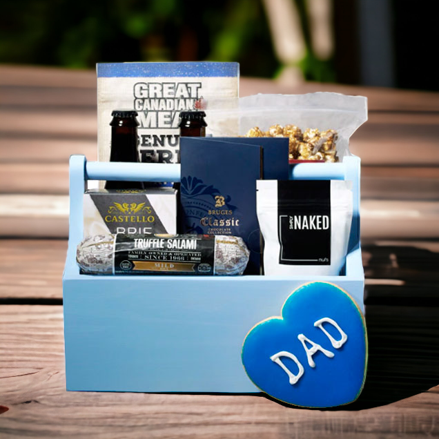 Craft Beer and Gourmet Snack Gift Basket in Blue Wooden Toolbox – how the gift is presented