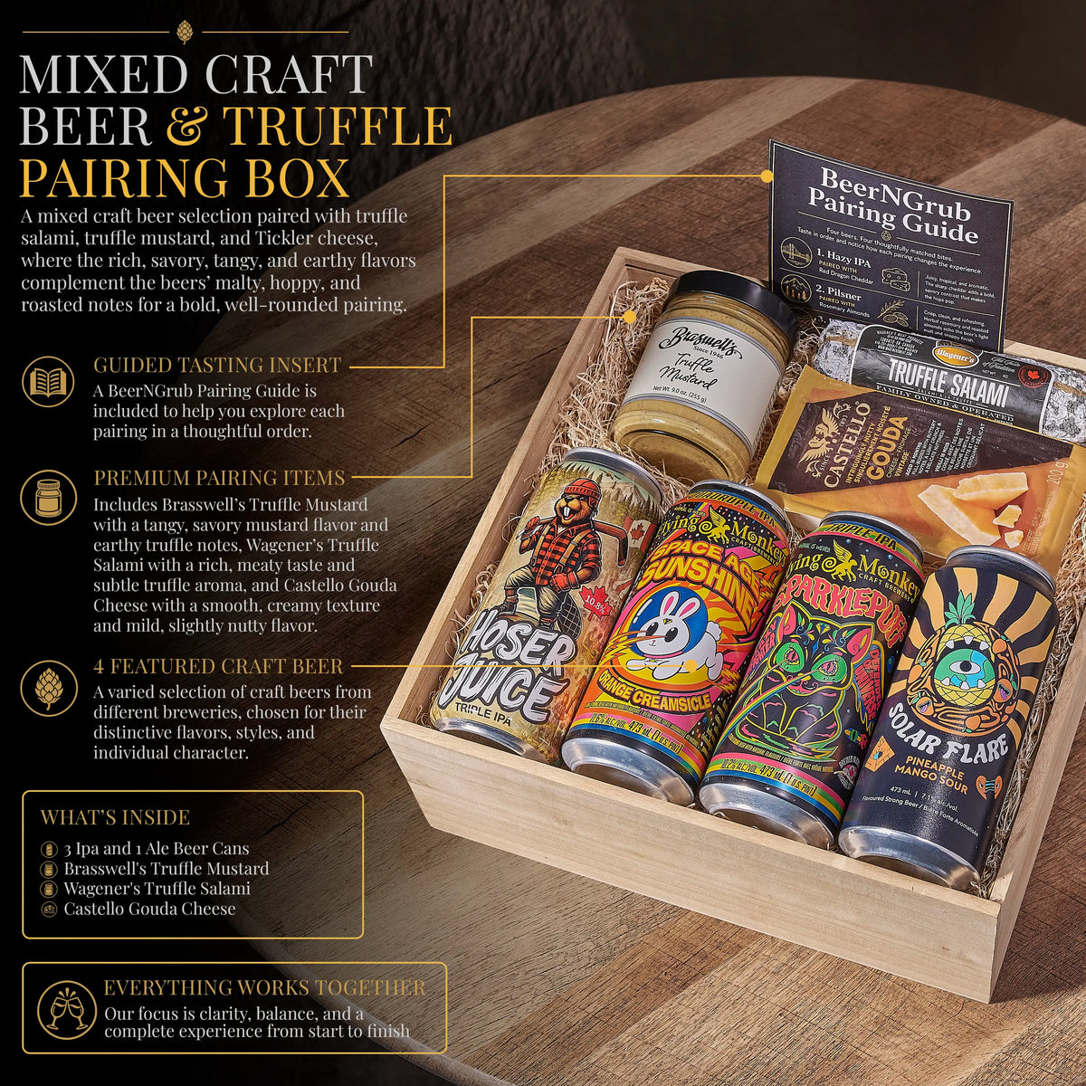 A wooden gift box labeled Beer &amp; Truffle Pairing Box, filled with assorted craft beer cans and truffle-related items, photographed on a dark wood tabletop with printed product callouts around it.