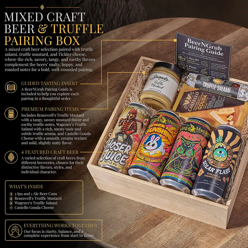 A wooden gift box labeled Beer & Truffle Pairing Box, filled with assorted craft beer cans and truffle-related items, photographed on a dark wood tabletop with printed product callouts around it.
