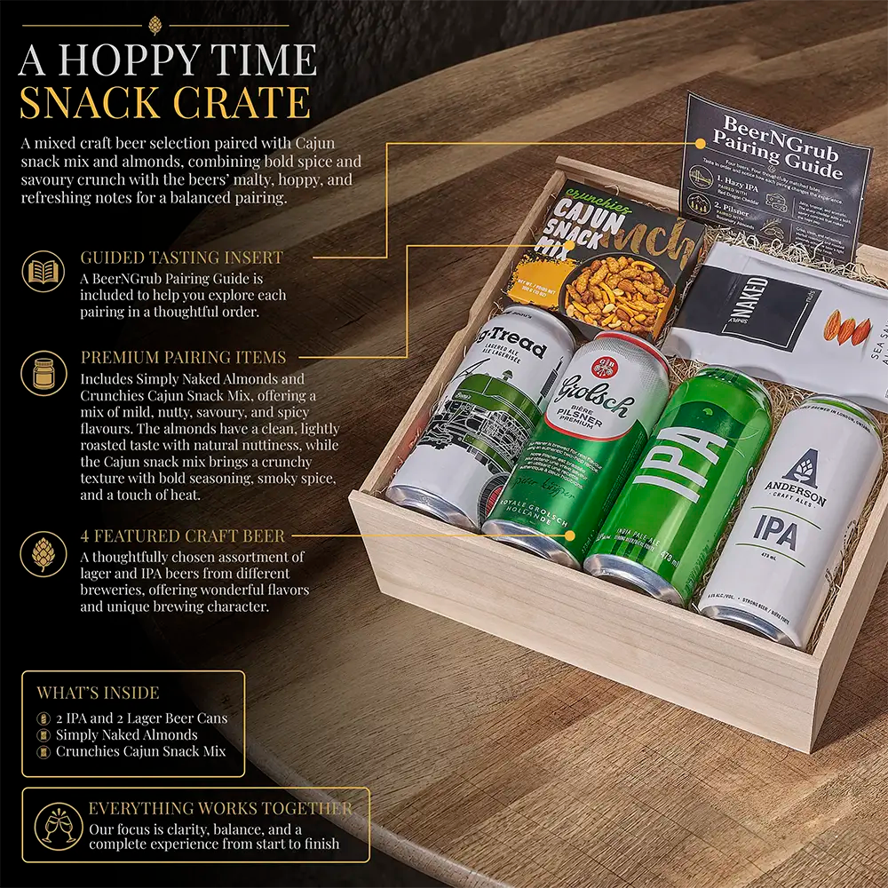 A wooden hoppy time snack crate filled with assorted beer snacks, including Calm Calm Calm snack mix, Schnapps, and canned craft beers, displayed on a wooden table with descriptive text overlays.