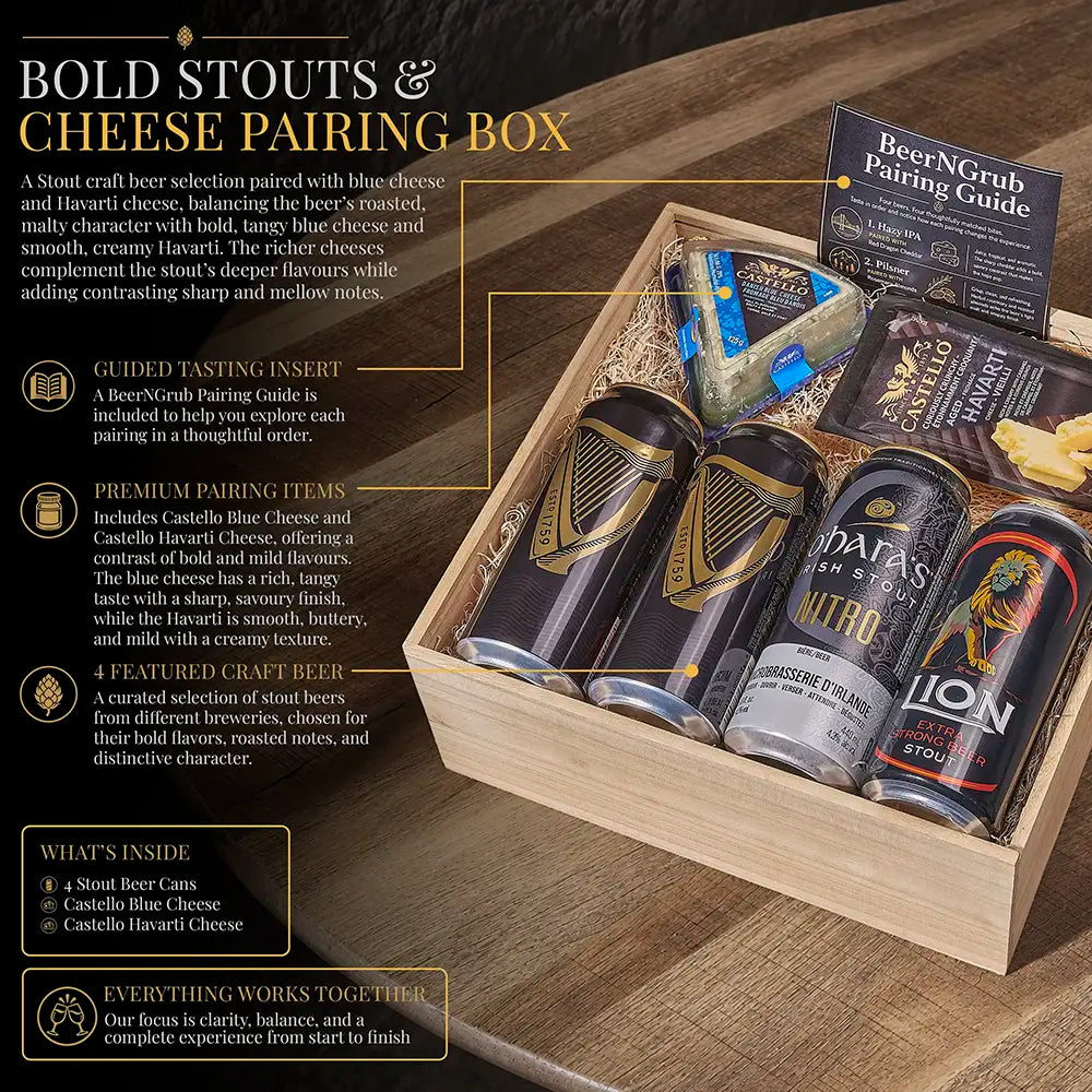 A wooden gift box arranged with beer cans, cheese wedges, a BeerNCrub pairing guide, and printed pairing inserts on a wooden tabletop. Large text at the top reads 'BOLD STOUTS & CHEESE PAIRING BOX' with feature callouts and an inside look.
