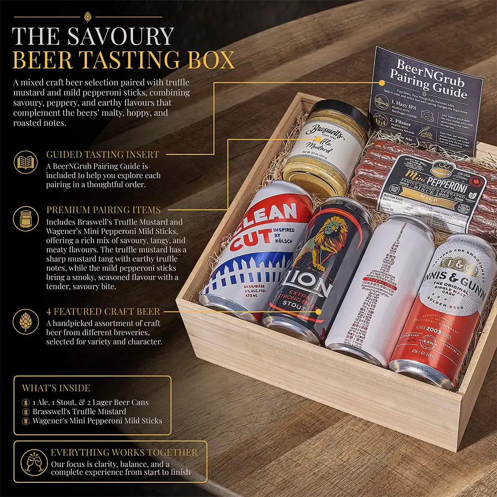 A wooden gift box labeled 'The Savoury Beer Tasting Box' filled with assorted craft beer cans and packaged snacks, shown on a dark background with descriptive text callouts. Visible brands include Branded, Bruges, and Guinness.
