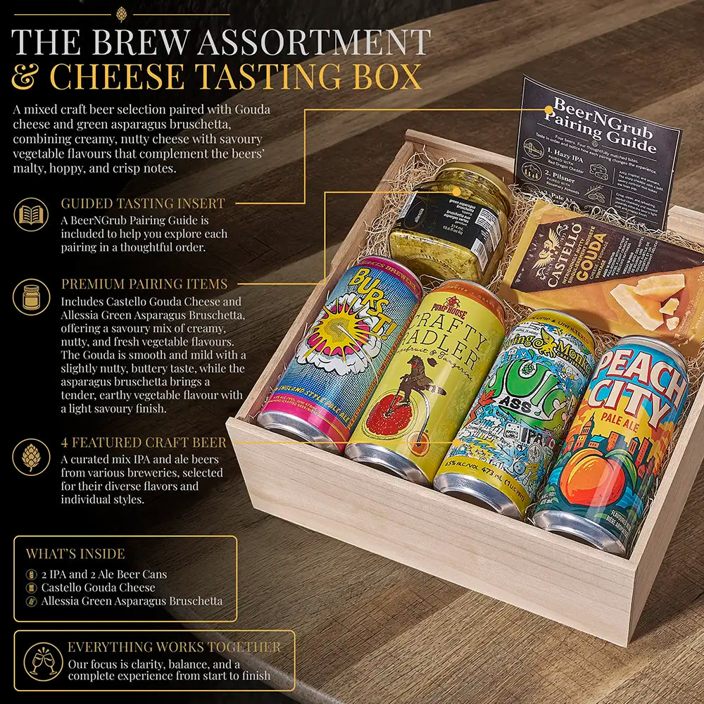 A curated beer and cheese tasting box set displayed in a wooden crate on a wood tabletop, with promotional text callouts around it. The box contains four craft beer cans, a cheese and bruschetta plate, a bottle of wine, a cheese board, and a BeerGrub Tasting Guide booklet.