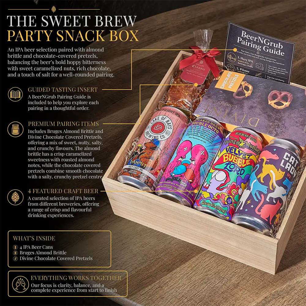 A wooden gift box labeled 'The Sweet Brew Party Snack Box' filled with assorted beer cans, pretzels, a beer pairing guide, and a chocolate bar. The box is photographed on a dark wood surface with promotional text callouts around it.