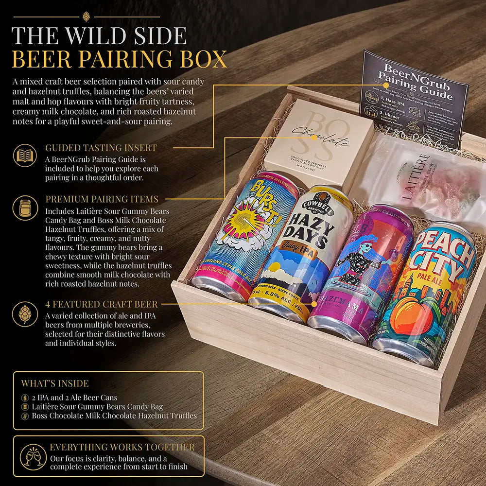 A curated beer pairing box set from The Wild Side, featuring four colorful craft beer cans in a white wooden box with a 'Beer &amp; Grub Pairing Guide' booklet and a 'Beer List' card, presented on a dark wood background with descriptive text.