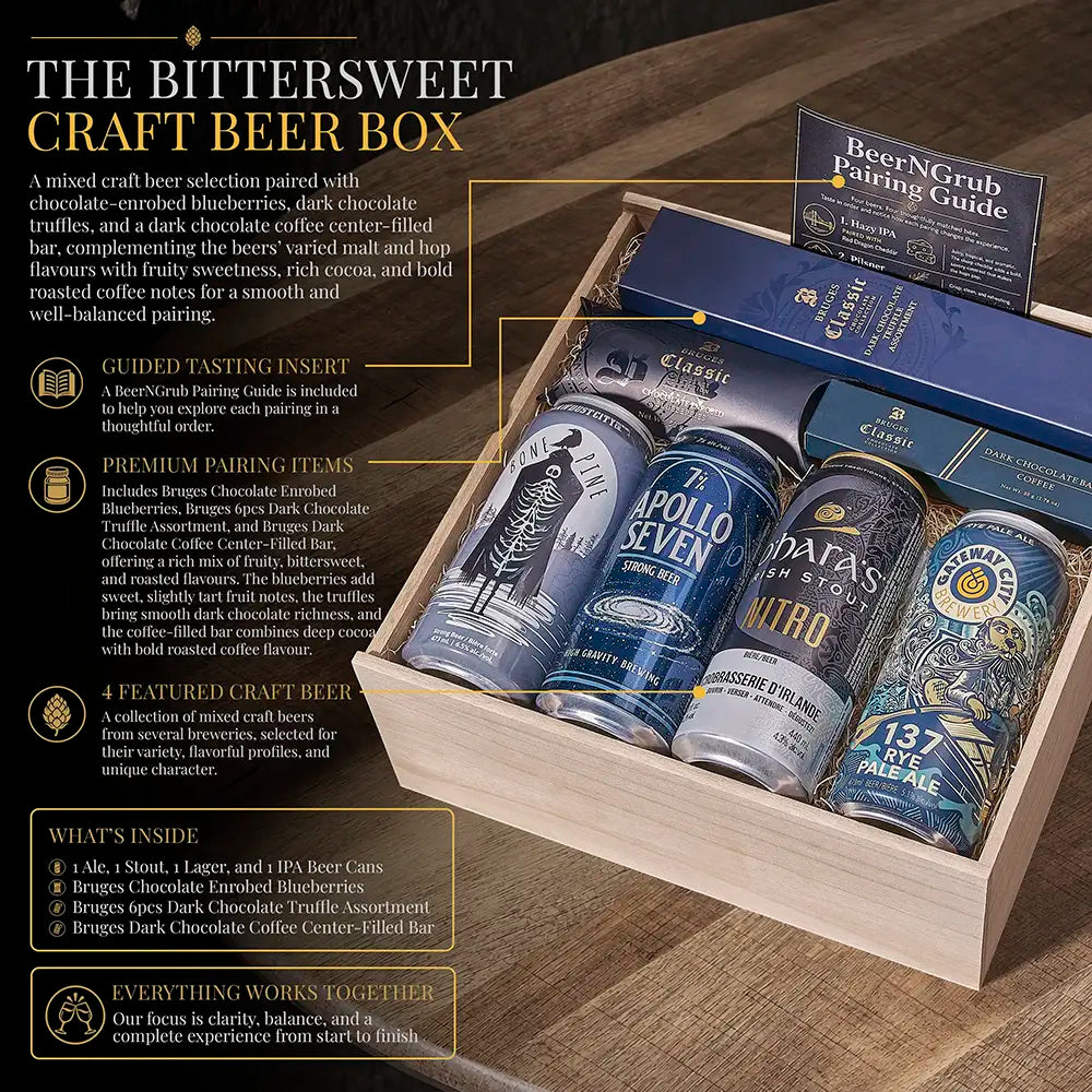 A wooden gift box filled with four craft beer cans and a branded pairing guide, shown on a dark background with marketing callouts and text describing the contents and flavors.