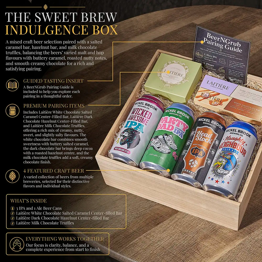 A curated craft beer and chocolate gift box labeled 'The Sweet Brew Indulgence Box' arranged in a wooden tray. Visible items include assorted Lattiere milk chocolate truffles, a BeerNGrub Pairing Guide, and several craft beer cans with colorful labels.
