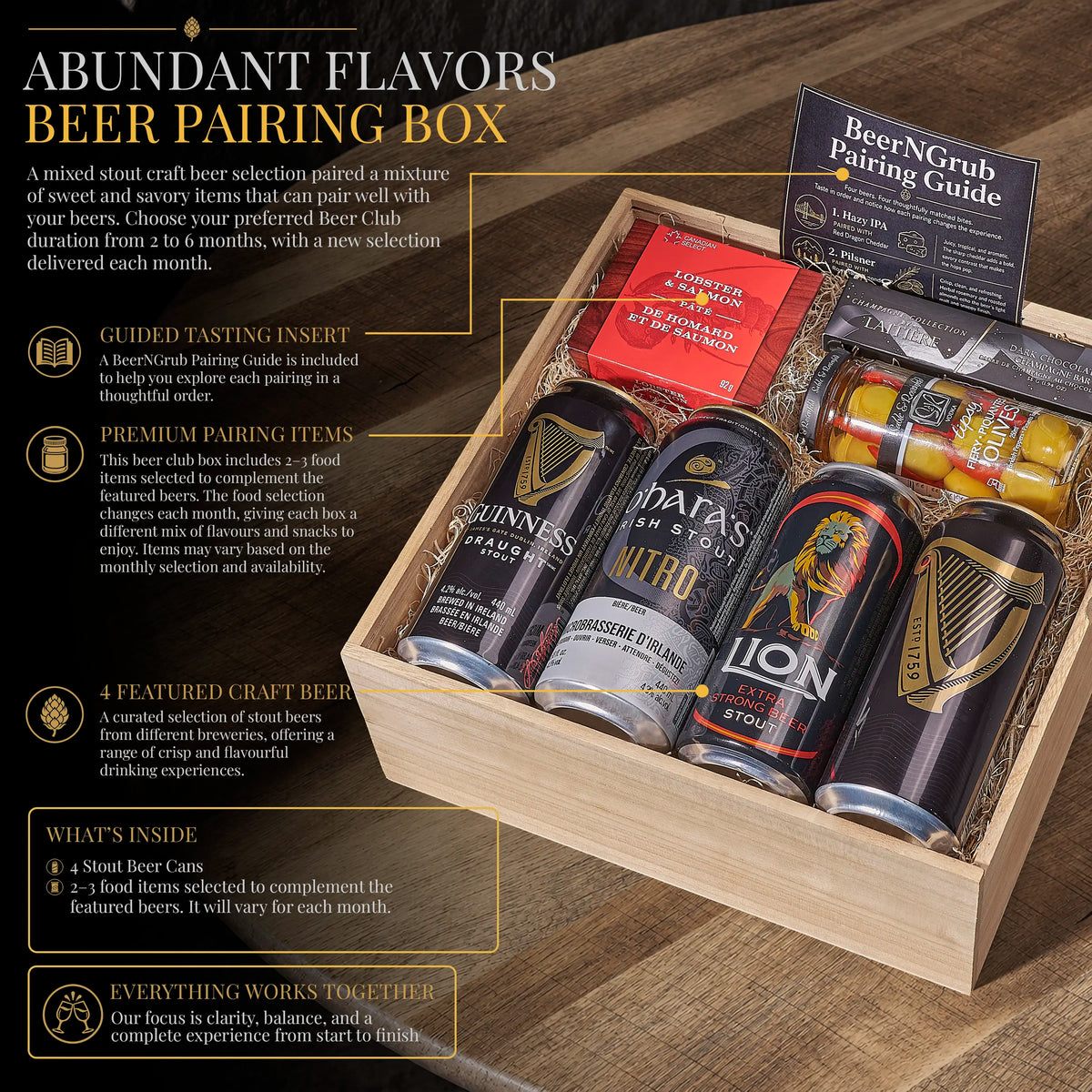 A wooden beer pairing box labeled 'Abundant Flavors' filled with multiple craft beer cans and accessories, shown in a styled promotional layout with callout text and inset graphics explaining the contents.