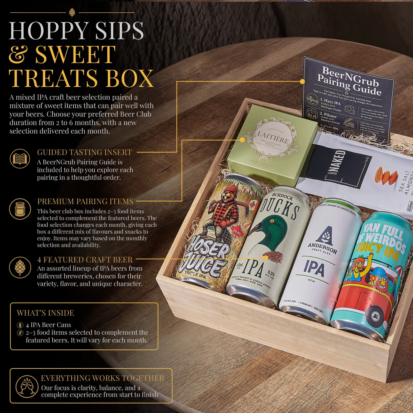 Craft IPA Beer and Laitière Milk Chocolate Truffles Gift Basket – gift basket with 4 ipa beer cans, laitiere milk chocolate truffles and simply naked