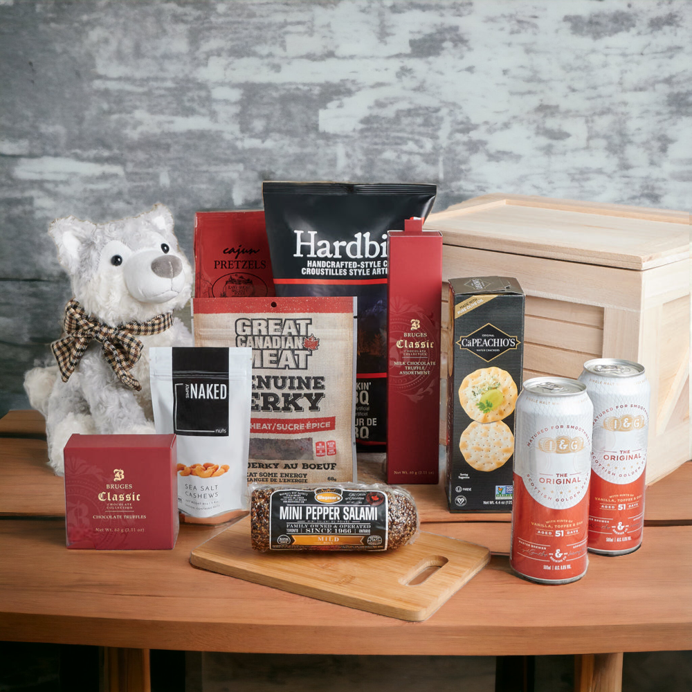 Craft Beer Gift Basket with Smokin' BBQ Chips and Chocolate Truffles – how the gift is presented