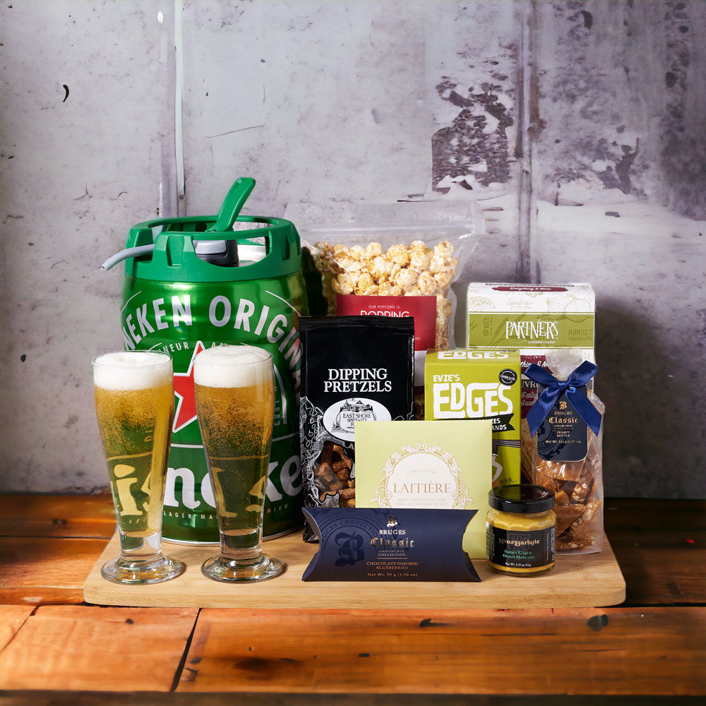 Craft Beer Keg Gift Basket with Gourmet Treats – how the gift is presented