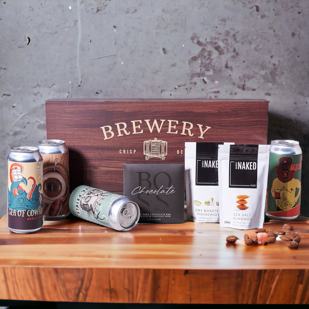 Craft Beer Gift Basket with Pistachios, Almonds, and Dark Chocolate – how the gift is presented