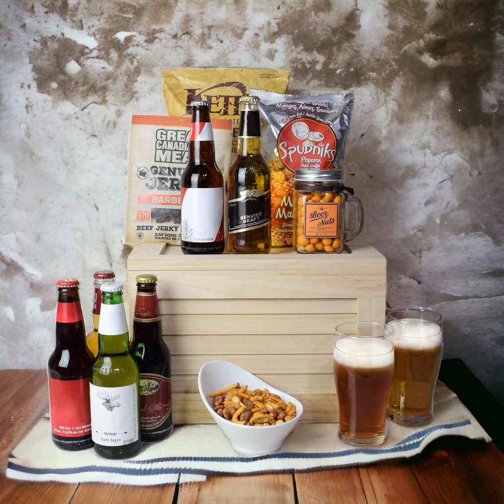 Craft Beer Gift Basket with Sweet Heat Jerky and Bacon Cheddar Snacks – how the gift is presented